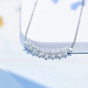 NWT 14K White Gold Plated CZ Curved Arc Center Cluster Necklace 16” Women's